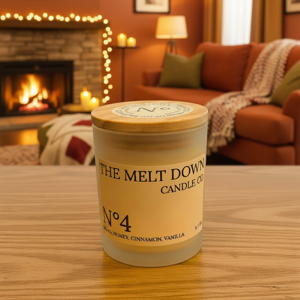 Candle container labeled 'The Melt Down Candle Co.' on a wooden surface.