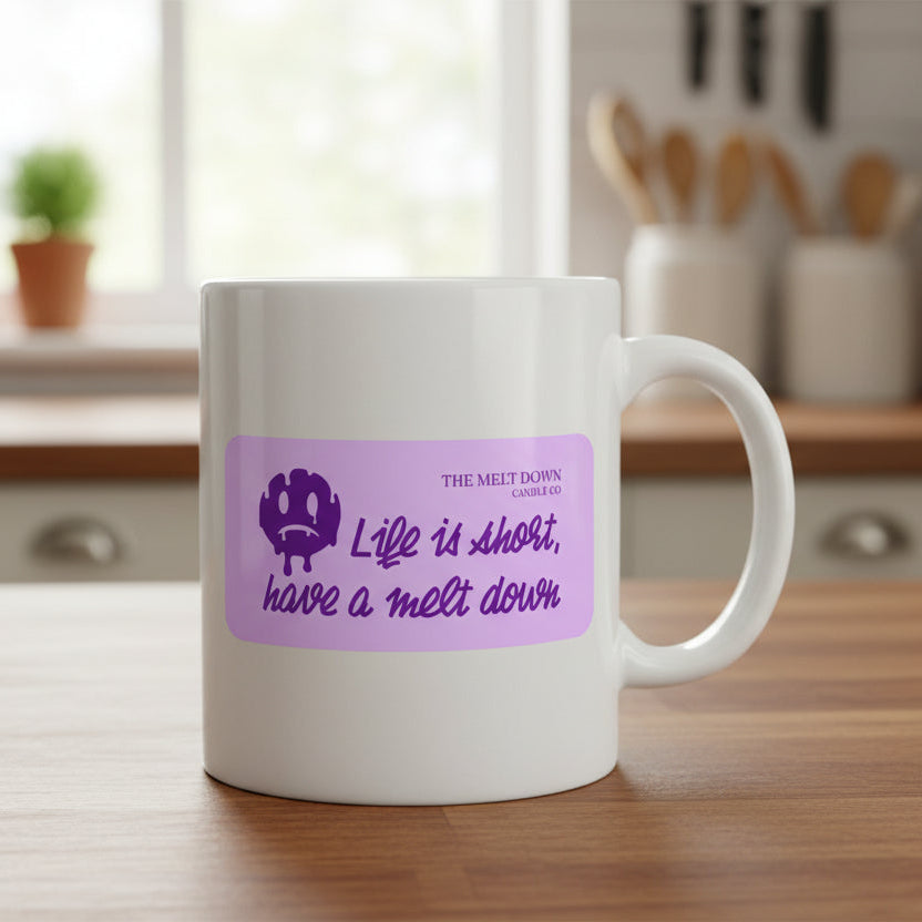 Purple label with text 'Life is short, have a melt down' and logo on a light purple background.